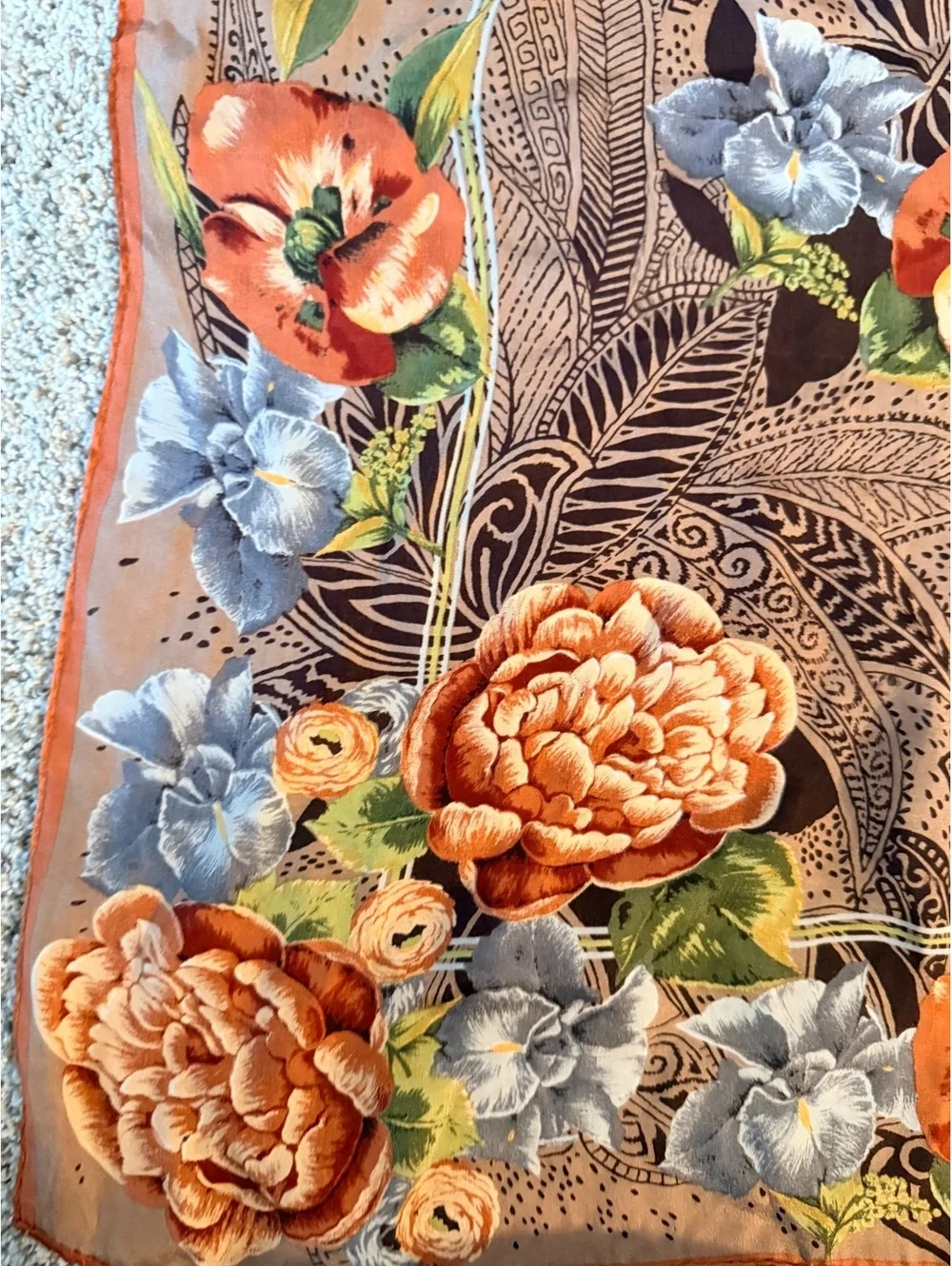 Oscar de la Renta Floral Silk Scarf with Orange and Gray Flowers
